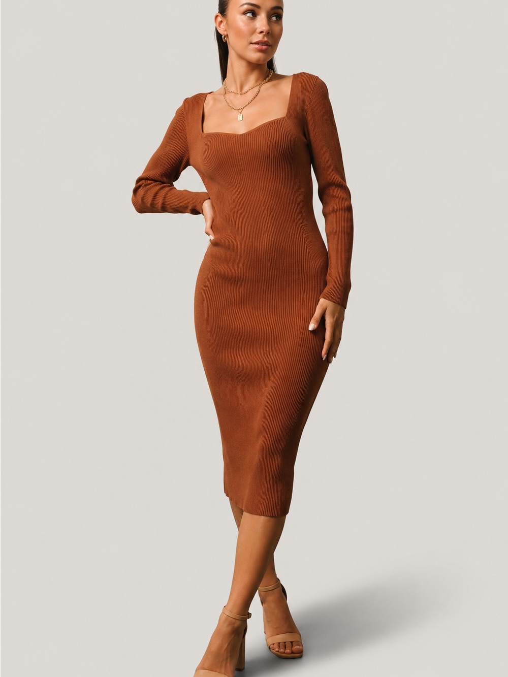 bohme Ribbed Square-Neck Long Sleeve Midi Dress - Rust Brown